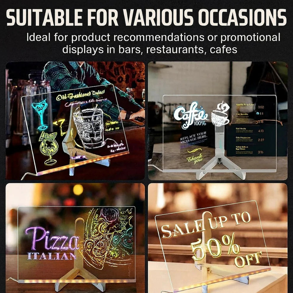 LED Message Writing Board 12x8 Inch with 7 Neon Color Markers, USB Powered Light Up Drawing Pad with Large Erasable Acrylic Surface for Kids, Party Decoration, Café Menu Display & Home Décor